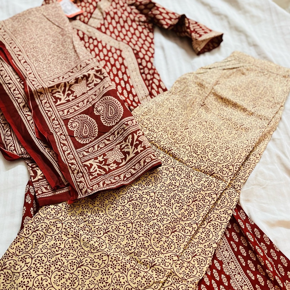 Indo Era Maroon & Beige Printed Anghrakha Kurta with Plazzos & Dupatta - Picture 14 of 14